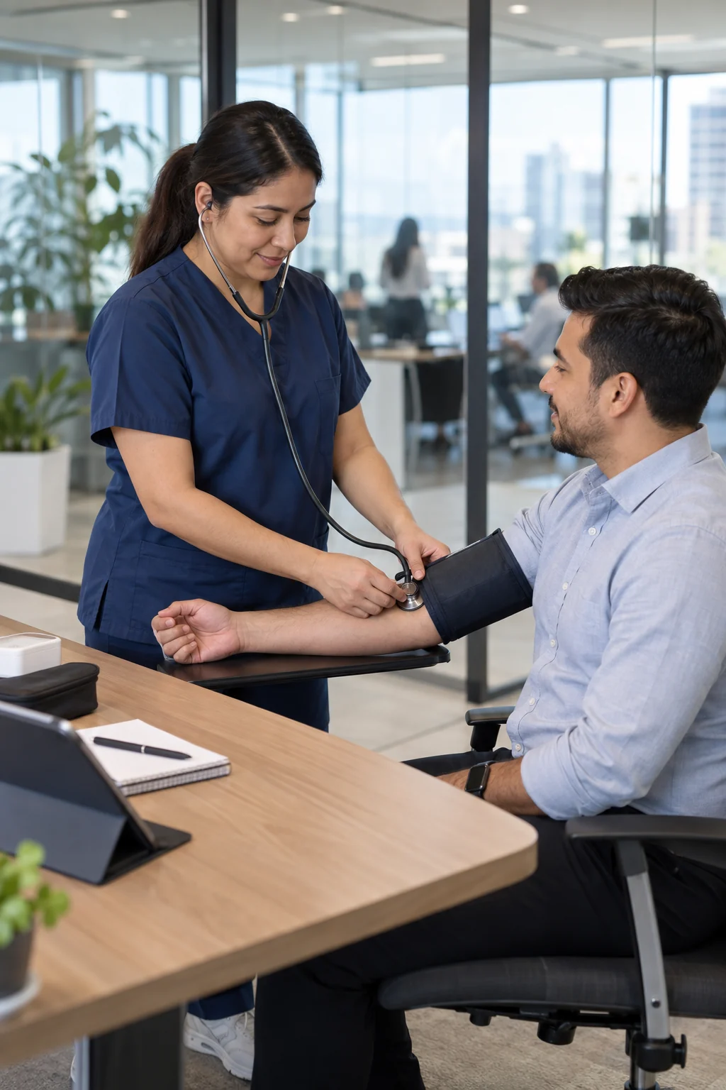 Profesional de salud tomando la presión arterial a un colaborador durante una jornada preventiva en su oficina